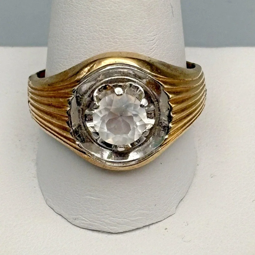 Vintage Mens 10k Gold Filled Ring Clear Stone 12.75 MCM Bold Statement 7.95g